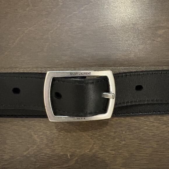Saint Laurent Grained Leather Belt Women Sz 80 Black Silver Buckle Italy Unisex - Picture 1 of 10